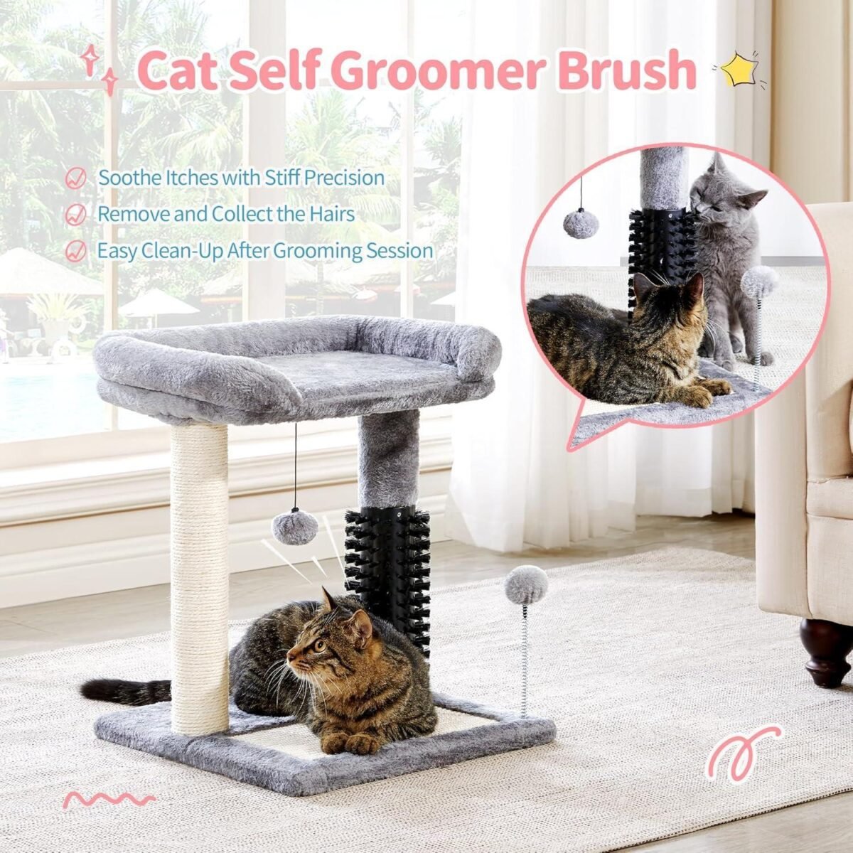 Small 4-in-1 Cat Tree Tower With Self-grooming Brush And Natural Sisal Scratching Post - Image 7