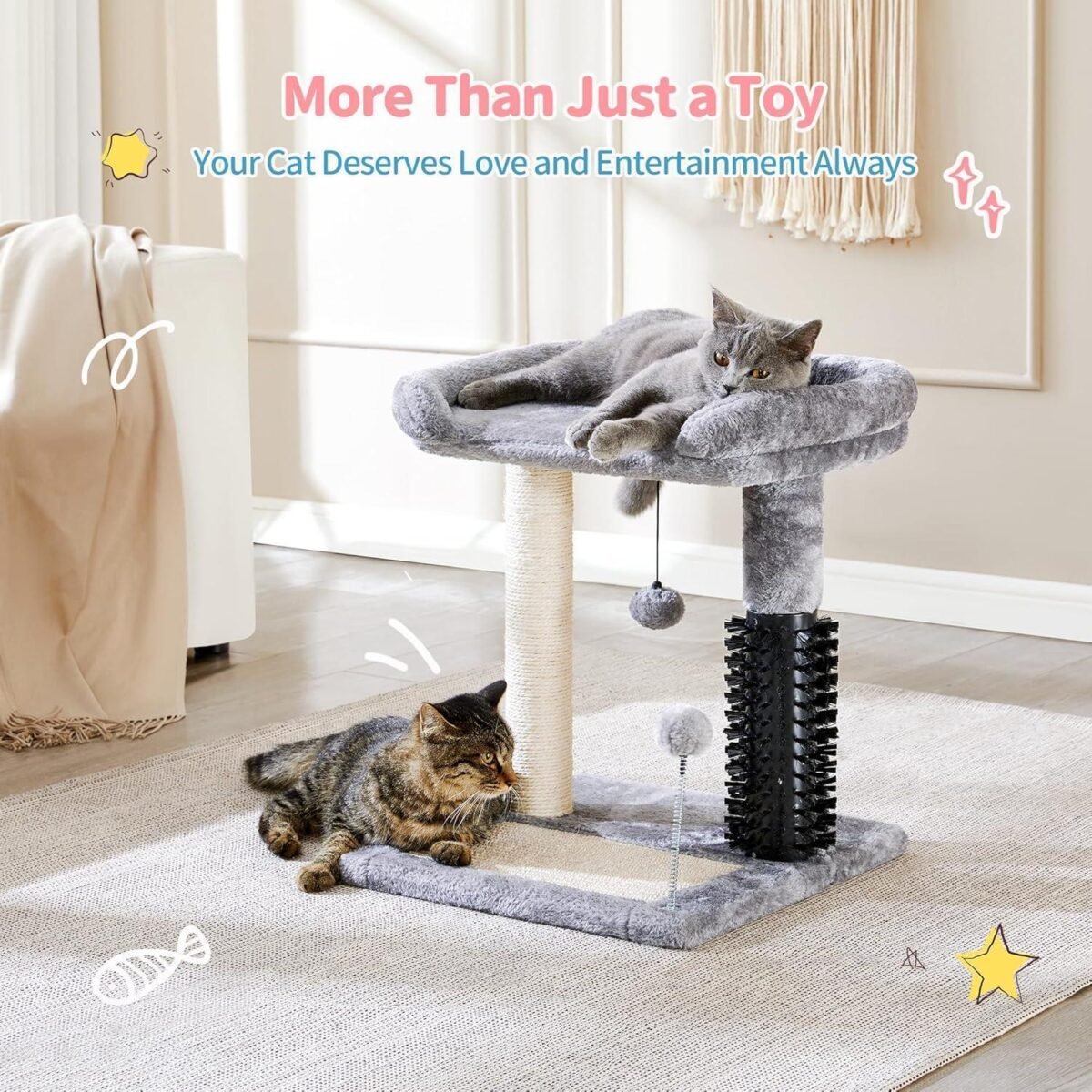 Small 4-in-1 Cat Tree Tower With Self-grooming Brush And Natural Sisal Scratching Post - Image 3