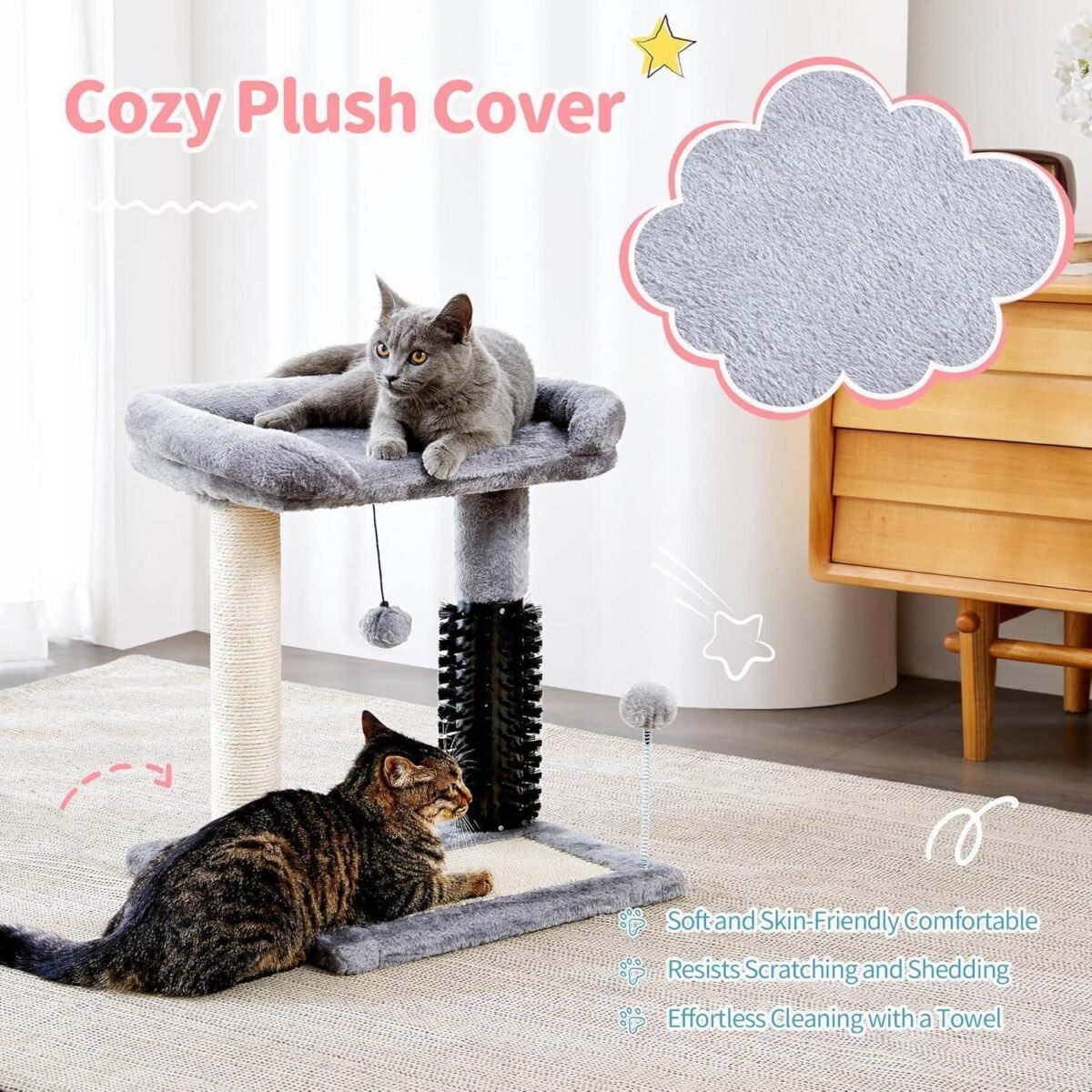 Small 4-in-1 Cat Tree Tower With Self-grooming Brush And Natural Sisal Scratching Post - Image 2