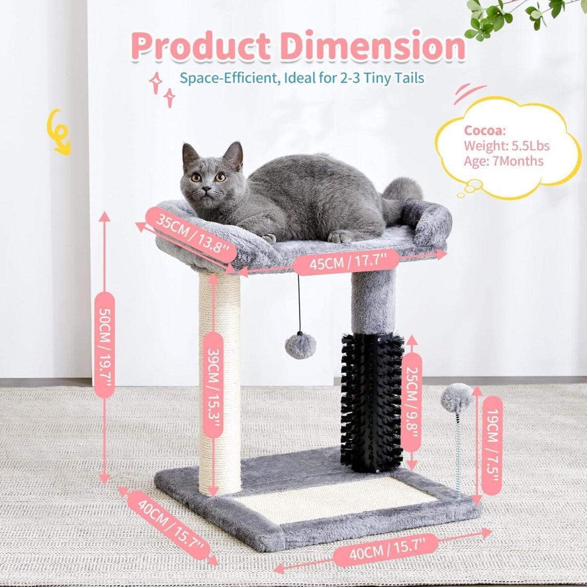 Small 4-in-1 Cat Tree Tower With Self-grooming Brush And Natural Sisal Scratching Post - Image 6