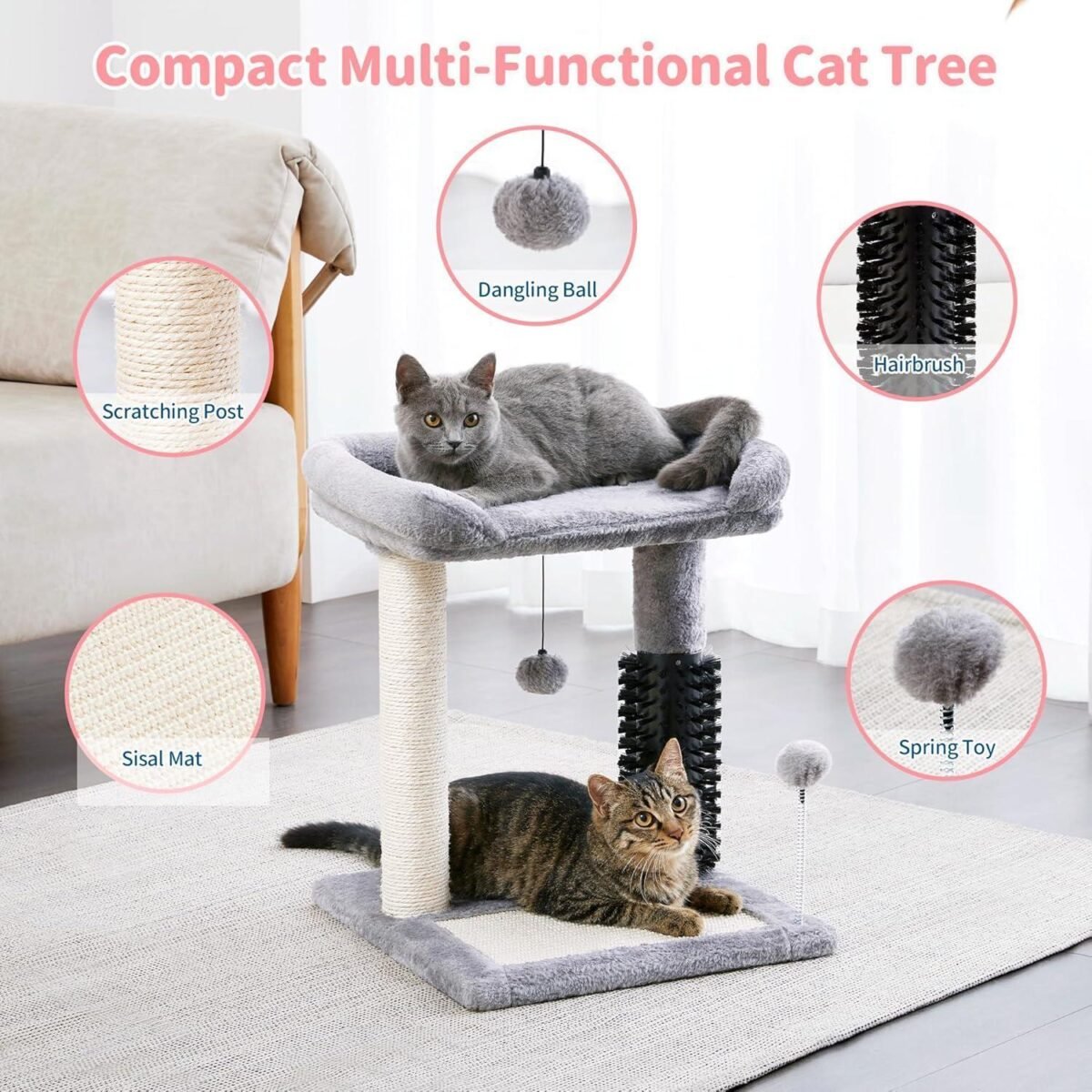 Small 4-in-1 Cat Tree Tower With Self-grooming Brush And Natural Sisal Scratching Post - Image 8