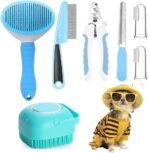 7pcs Pet Grooming Kit, Self-Cleaning Brush Shedding Kit With Nail Clipper, Flea Comb, Shampoo Bath Brush, Finger Toothbrush
