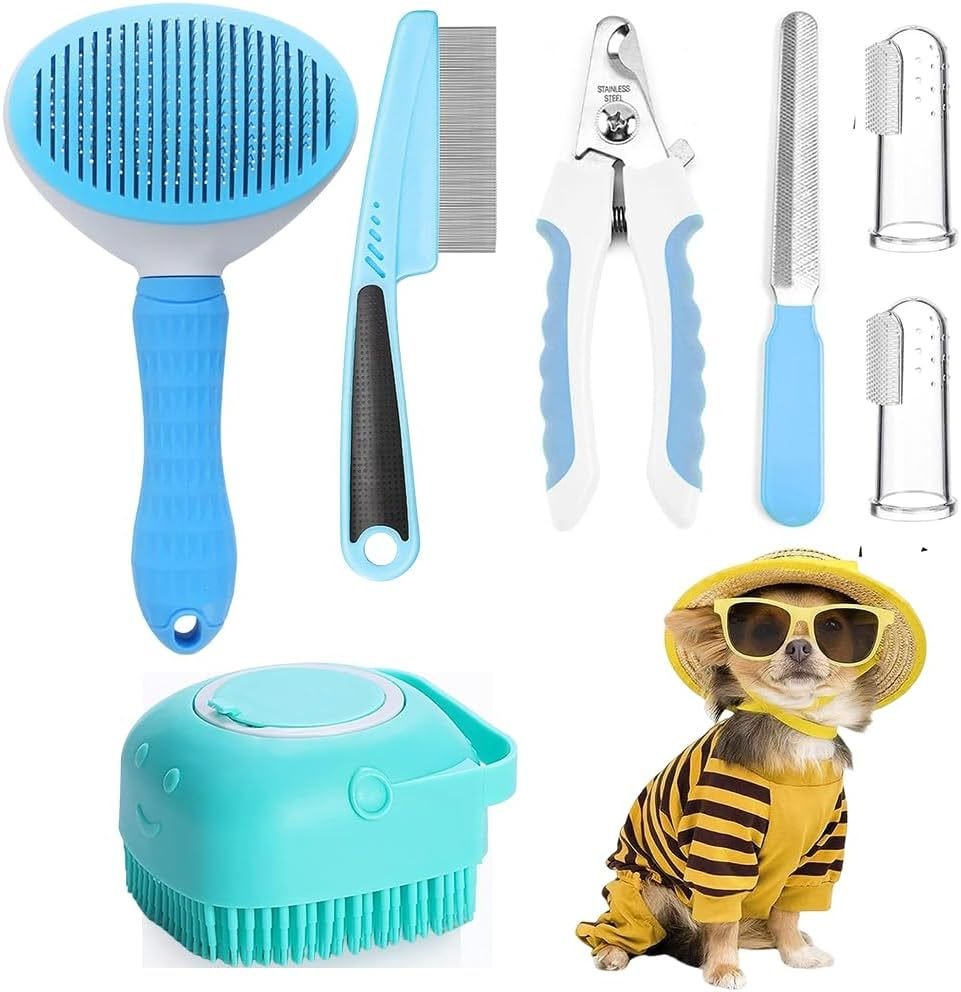 cce44566-bde0-4cb0-9ef2-ce6e87f61286.jpg 7pcs Pet Grooming Kit, Self-Cleaning Brush Shedding Kit With Nail Clipper, Flea Comb, Shampoo Bath Brush, Finger Toothbrush - Image 1